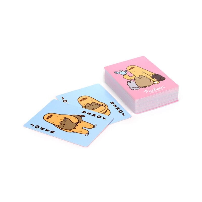 Official Pusheen playing card deck displaying the illustrated card back alongside two unique Pusheen Joker cards.