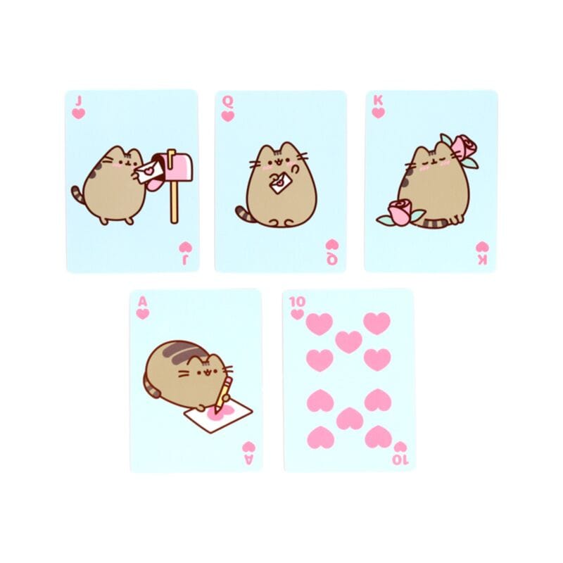 Heart suit Pusheen playing cards showing Pusheen posting letters, writing notes and holding beautiful pink roses.