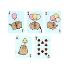 Club suit Pusheen playing cards decorated with colourful balloons on a bright pastel blue background.