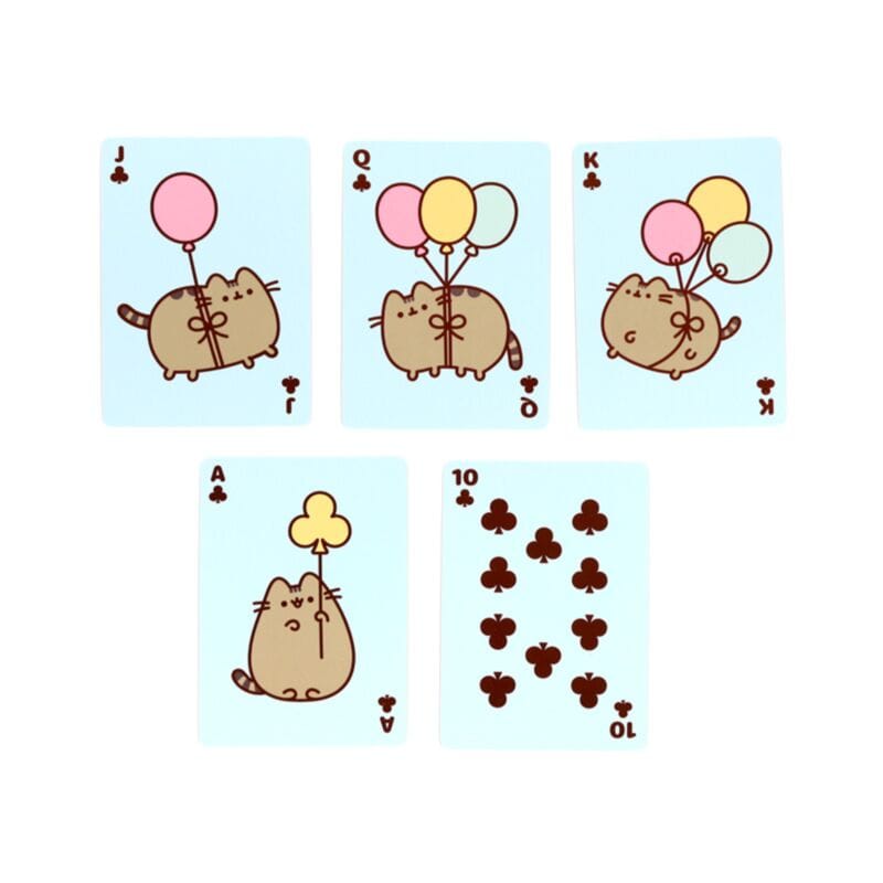 Club suit Pusheen playing cards decorated with colourful balloons on a bright pastel blue background.