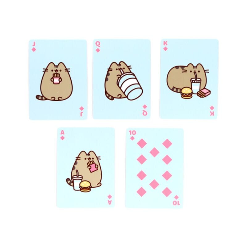 Diamond suit cards from the Pusheen playing card deck featuring Pusheen enjoying coffee, milkshake, burgers and fries.