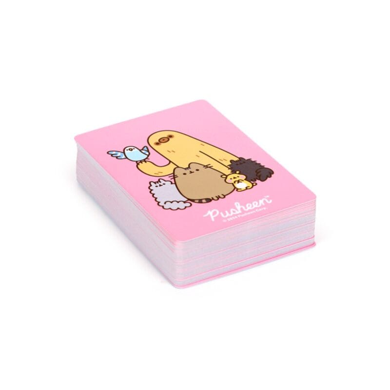 Complete deck of Pusheen playing cards showing the adorable pastel card backs featuring Pusheen and friends.