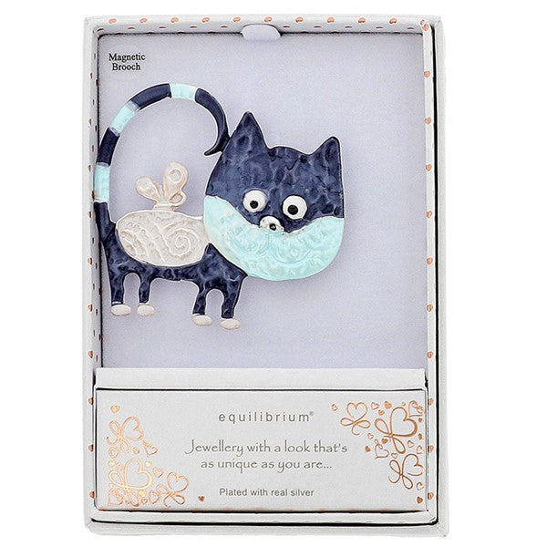 Equilibrium Silver Plated Quirky Cat Magnetic Brooch