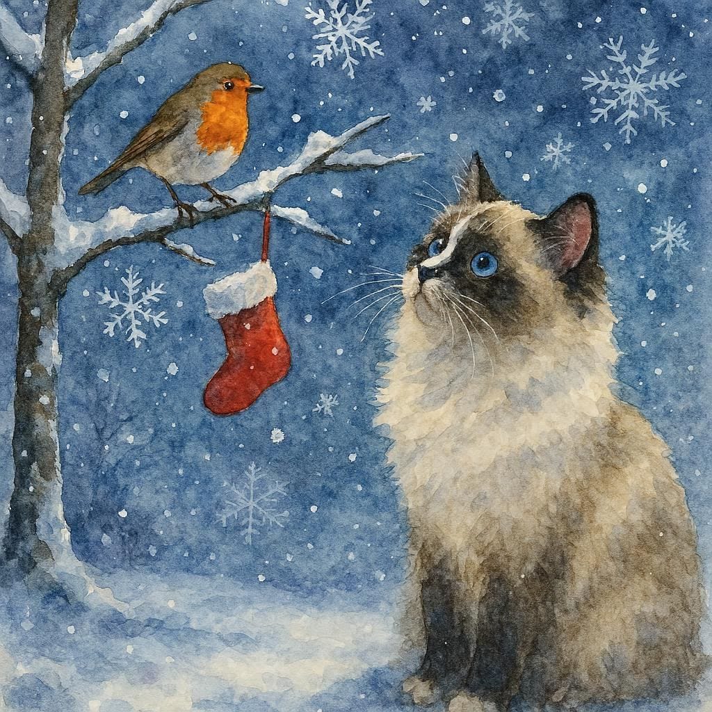 Ragdoll cat and robin Christmas card featuring a fluffy blue-eyed Ragdoll watching a robin beside a red stocking on a snowy branch