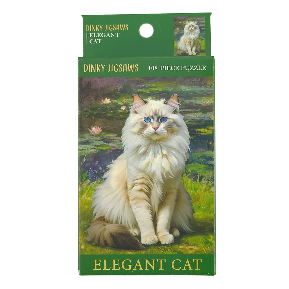 Elegant Cat Dinky 108 piece Ragdoll cat jigsaw puzzle with fluffy blue-eyed cat artwork