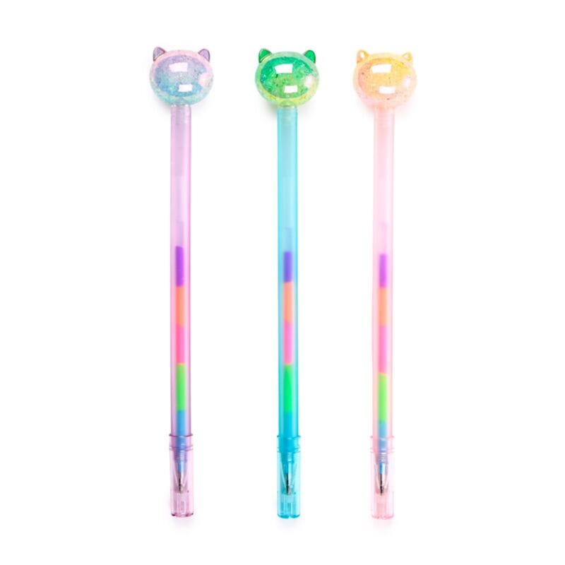 Rainbow Ink Cat Head Topper Pens display showing pink, blue and lilac designs