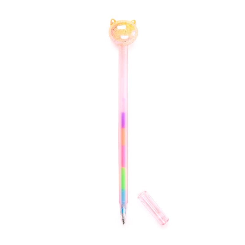 Pink Rainbow Ink Cat Head Topper Pen with six-colour ink and cap removed