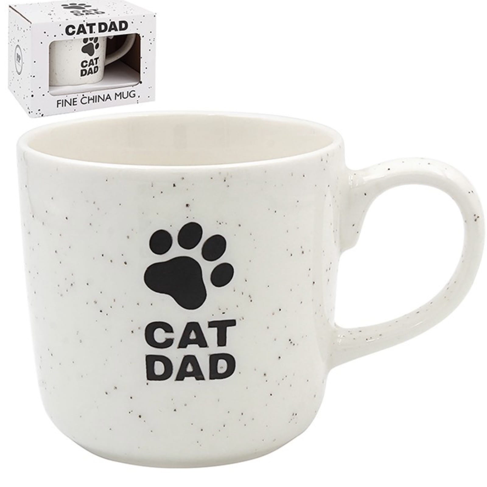 Gift boxed Cat Dad fine china mug in off-white with black paw print, Cat Dad lettering and subtle speckled finish
