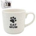 Gift boxed Cat Mum fine china mug in off-white with black paw print, Cat Mum lettering and subtle speckled finish