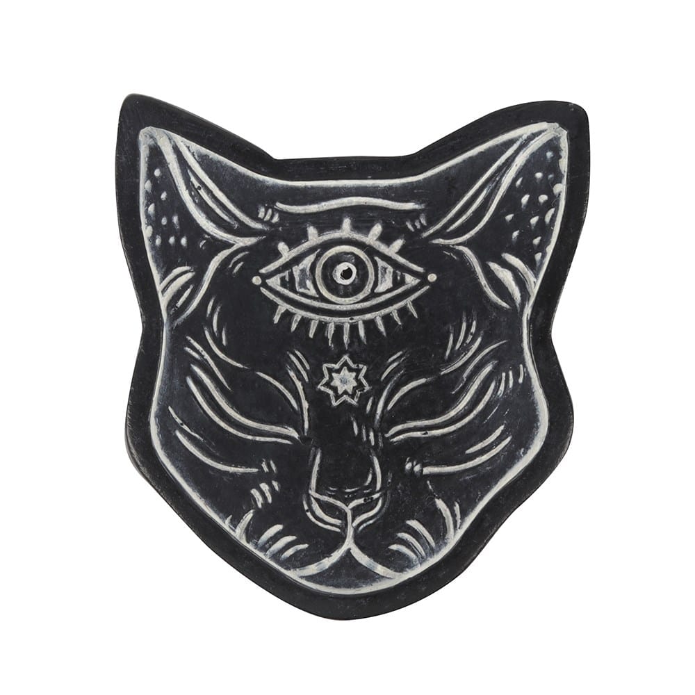 Resin mystical cat face incense holder with gothic all-seeing eye and celestial carved design.