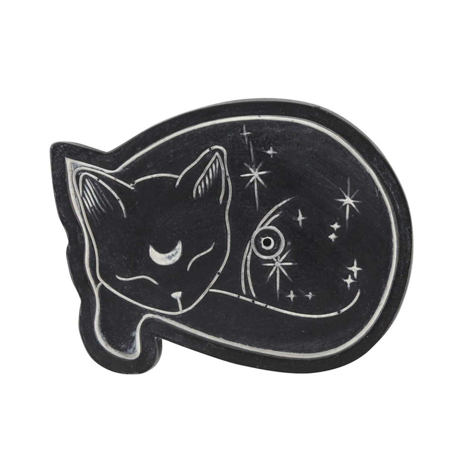 Resin mystical sleeping black cat incense holder with moon and celestial star design for standard incense sticks.