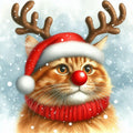 Funny Rudolph ginger cat Christmas card featuring a fluffy ginger cat wearing reindeer antlers, a shiny red nose, Santa hat and cosy red knitted collar