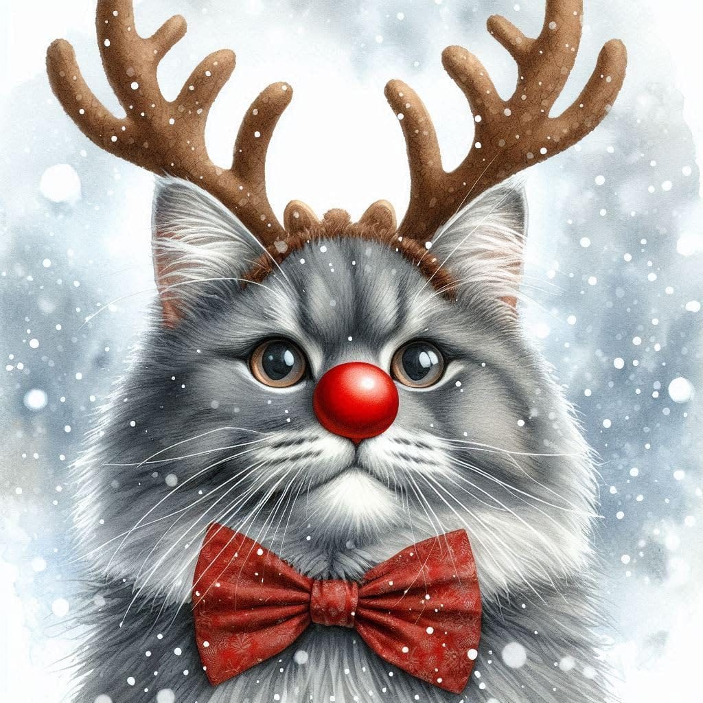Funny Rudolph grey cat Christmas card featuring a fluffy grey cat wearing large reindeer antlers, a shiny red nose and festive red bow tie in falling snow