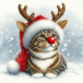Funny Rudolph tabby cat Christmas card featuring an unimpressed tabby wearing reindeer antlers, a fluffy festive hood and bright red nose in falling snow