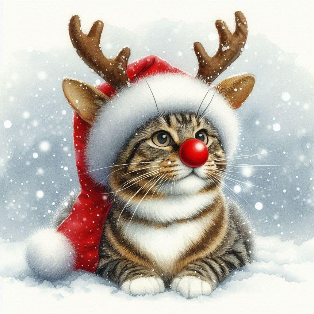 Funny Rudolph tabby cat Christmas card featuring an unimpressed tabby wearing reindeer antlers, a fluffy festive hood and bright red nose in falling snow