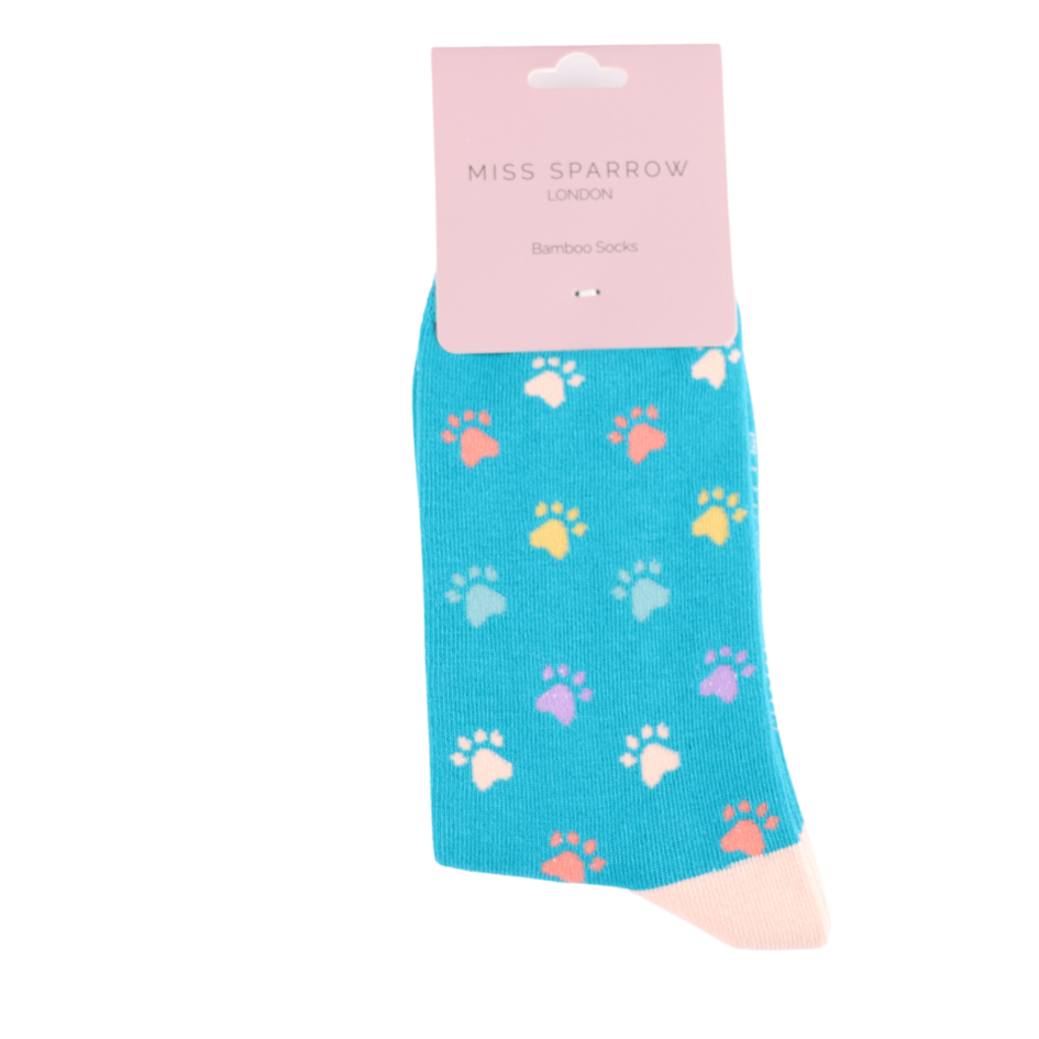 Miss Sparrow Ladies Bamboo Cat Socks 'Multi Paw Prints' Teal