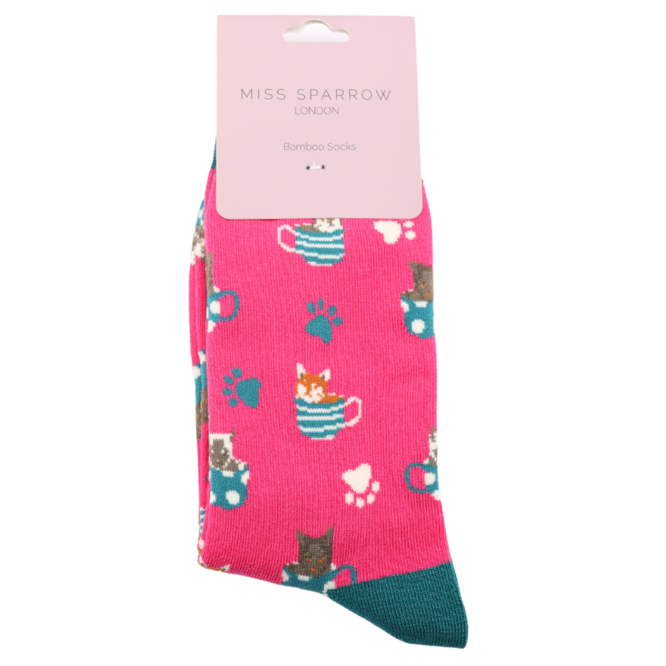 Miss Sparrow Ladies Bamboo Socks 'Cats in Cups' Hot Pink