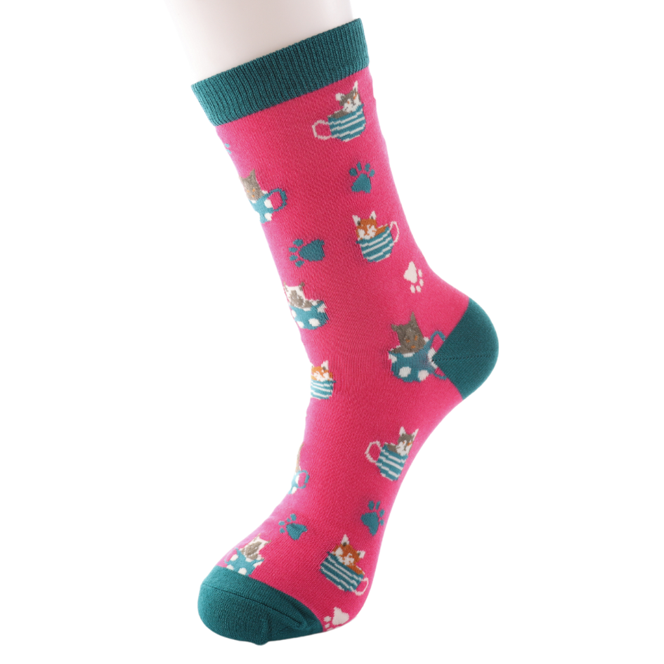 Miss Sparrow Ladies Bamboo Socks 'Cats in Cups' Hot Pink