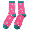 Miss Sparrow Ladies Bamboo Socks 'Cats in Cups' Hot Pink