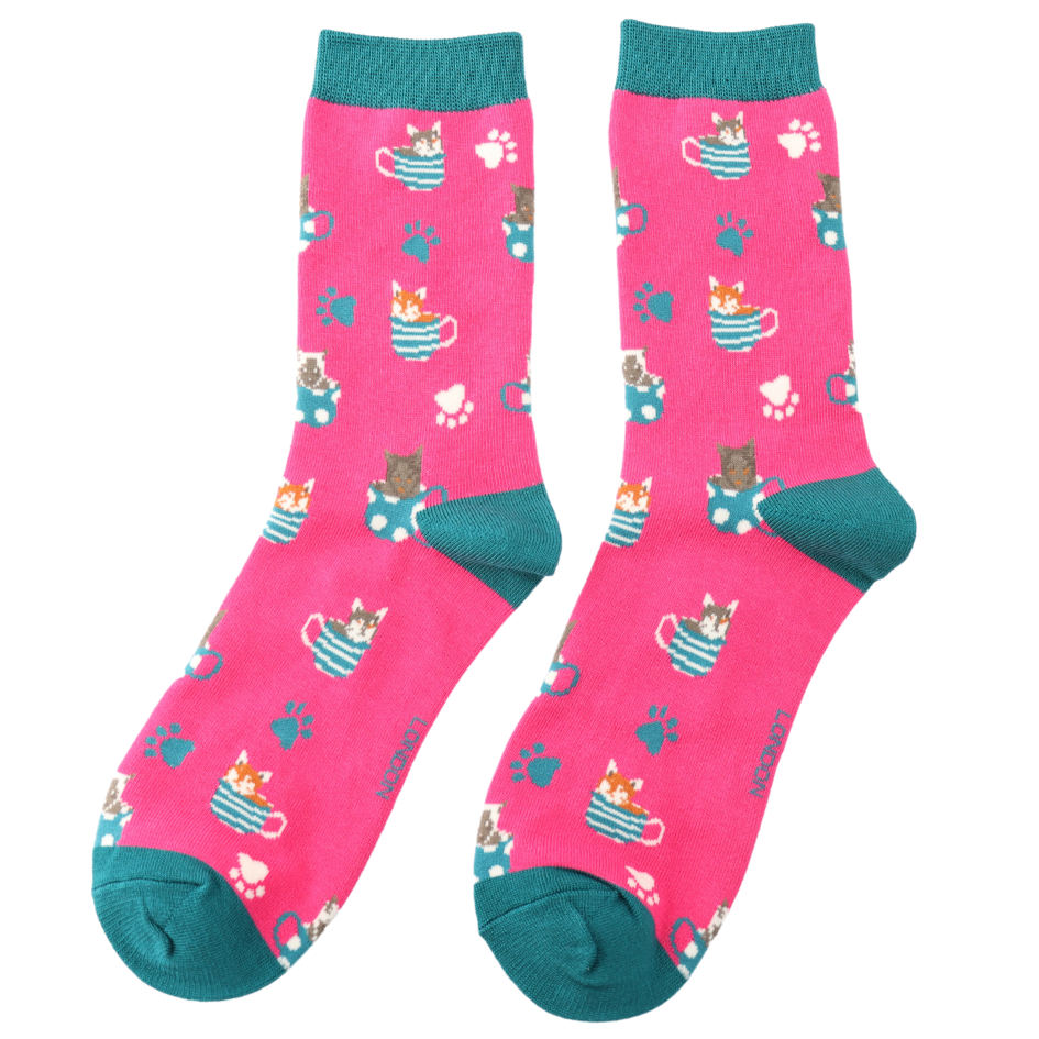 Miss Sparrow Ladies Bamboo Socks 'Cats in Cups' Hot Pink