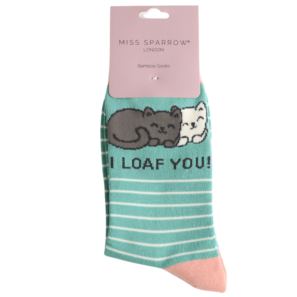 Miss Sparrow Ladies Bamboo Cat Socks 'I Loaf You' Duck Egg