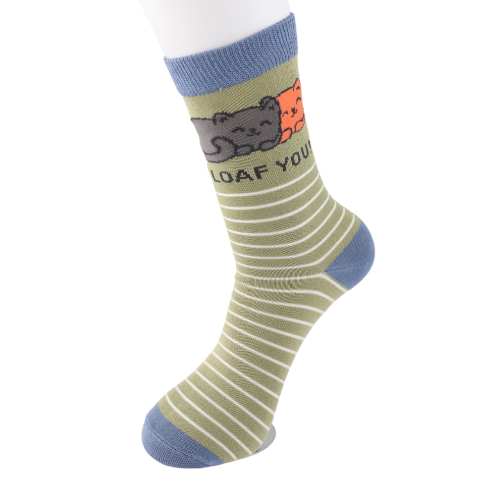 Miss Sparrow Ladies Bamboo Cat Socks 'I Loaf You' Moss Green