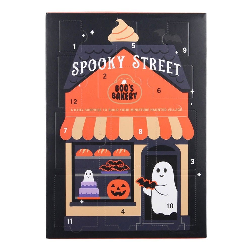 Spooky Street Halloween advent calendar with 12 numbered doors hiding miniature resin haunted village surprises