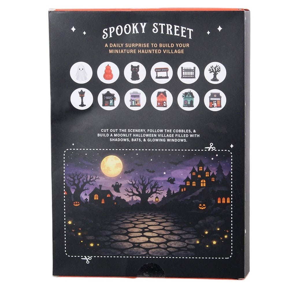 Back of Spooky Street 12-day Halloween advent calendar showing 12 miniature surprises and moonlit haunted village backdrop to cut out