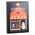 Front of Spooky Street Halloween advent calendar featuring Boo's Bakery, ghost, pumpkin and 12-door Halloween countdown design