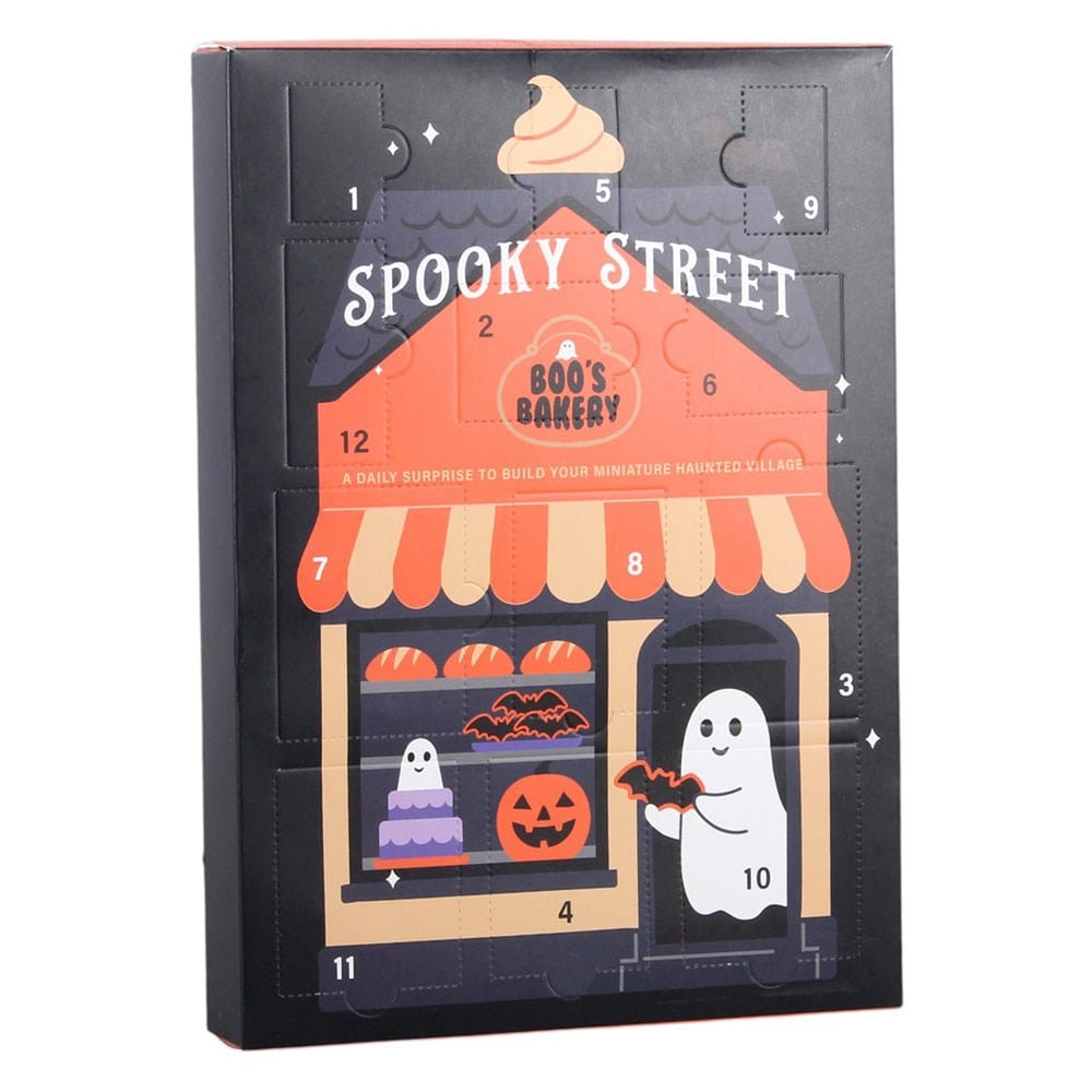 Front of Spooky Street Halloween advent calendar featuring Boo's Bakery, ghost, pumpkin and 12-door Halloween countdown design