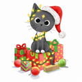 Sasha Stowe Christmas Cat Portrait greeting card featuring a grey cat in a Santa hat wrapped in Christmas lights and sitting on colourful presents