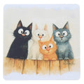 Shirley MacArthur Rascals Cats coaster featuring four wide-eyed cats sitting together on a wooden fence in a whimsical watercolour illustration.