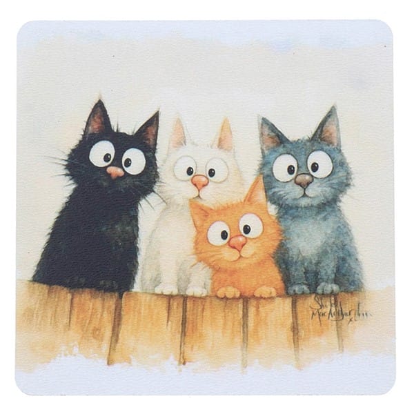 Shirley MacArthur Rascals Cats coaster featuring four wide-eyed cats sitting together on a wooden fence in a whimsical watercolour illustration.