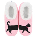 Snoozies Pairables soft pink women’s cat slippers with black cat design continuing across both feet, pink collar and fluffy white lining