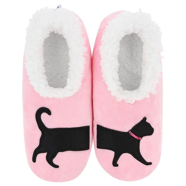 Snoozies Pairables soft pink women’s cat slippers with black cat design continuing across both feet, pink collar and fluffy white lining