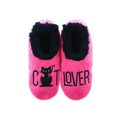 Snoozies Pairables hot pink women’s Cat Lover slippers with black cat design, cosy black Sherpa lining and non-slip soles