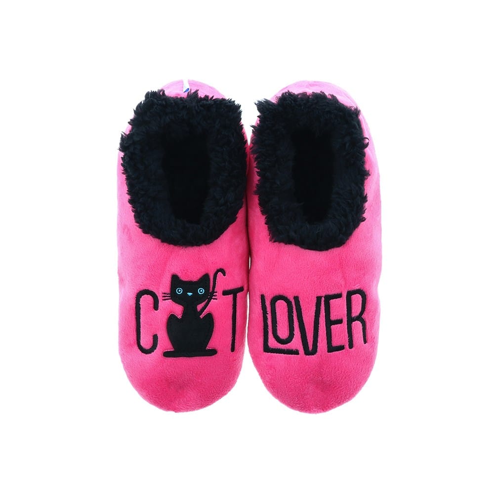 Snoozies Pairables hot pink women’s Cat Lover slippers with black cat design, cosy black Sherpa lining and non-slip soles