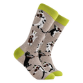 Socktopus String Quartet combed cotton cat socks with playful cats performing in a string quartet on a grey background with lime green contrast details.