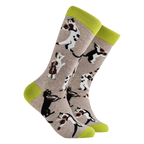 Socktopus String Quartet combed cotton cat socks with playful cats performing in a string quartet on a grey background with lime green contrast details.
