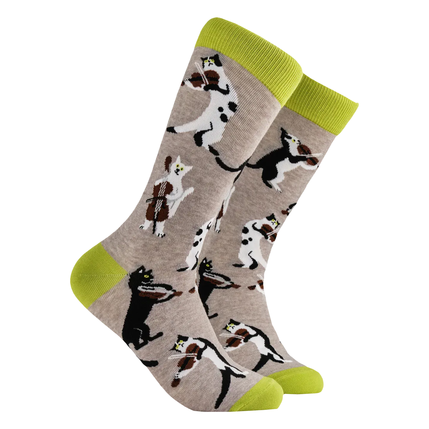 Socktopus String Quartet combed cotton cat socks with playful cats performing in a string quartet on a grey background with lime green contrast details.