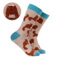 Socktopus combed cotton socks with fluffy textured ginger cats on an oatmeal background, finished with bright turquoise cuffs, heels and toes.
