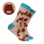 Socktopus combed cotton socks with fluffy textured ginger cats on an oatmeal background, finished with bright turquoise cuffs, heels and toes.