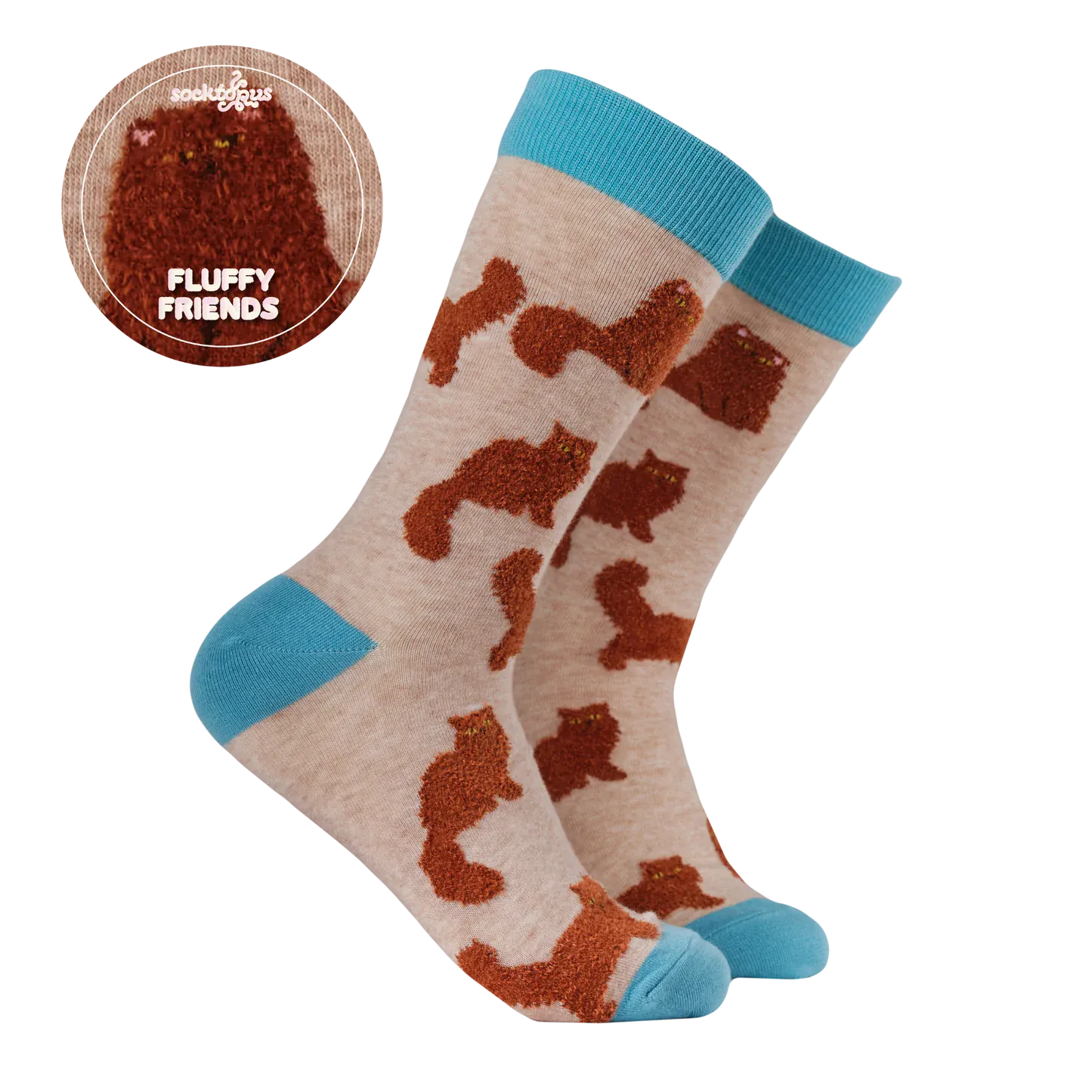 Socktopus combed cotton socks with fluffy textured ginger cats on an oatmeal background, finished with bright turquoise cuffs, heels and toes.