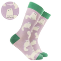 Socktopus Fluffy White Cats combed cotton socks with raised fluffy white cats on a lilac background and sage green contrast cuffs, heels and toes.