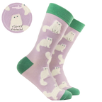 Socktopus Fluffy White Cats combed cotton socks with raised fluffy white cats on a lilac background and sage green contrast cuffs, heels and toes.