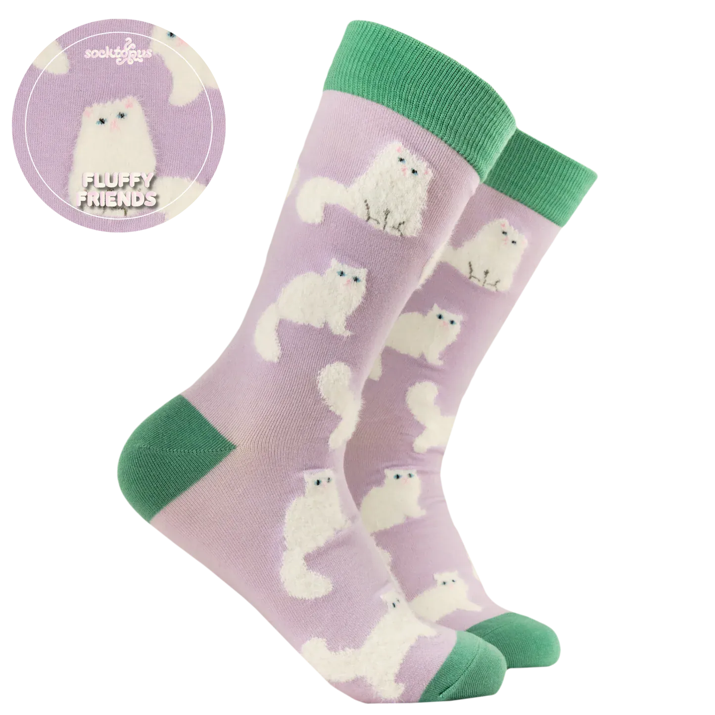 Socktopus Fluffy White Cats combed cotton socks with raised fluffy white cats on a lilac background and sage green contrast cuffs, heels and toes.