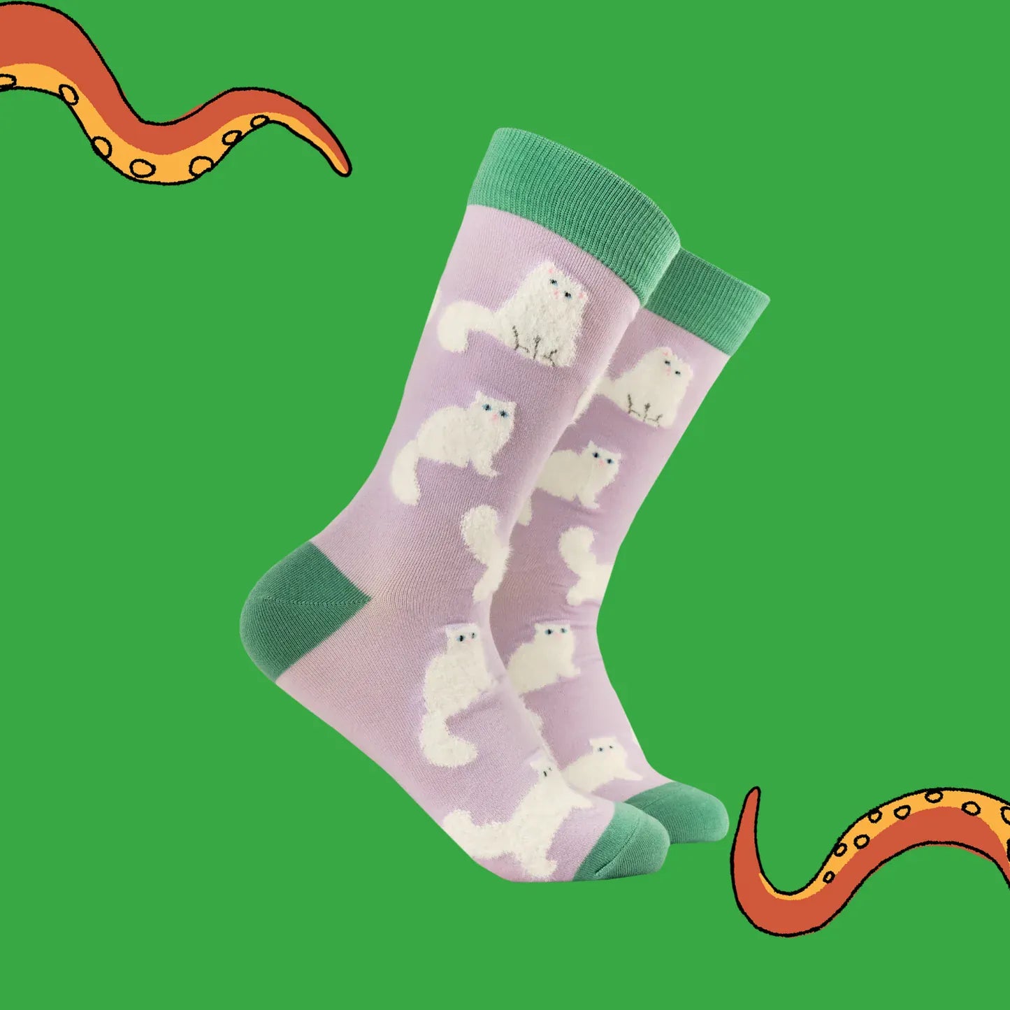 Close-up of the raised fluffy white cat design on Socktopus Fluffy Friends cotton socks, highlighting the soft textured finish.