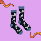 Front view of Socktopus Fluffy White Cats cotton socks, highlighting the fluffy white cat design and pale blue contrast details.
