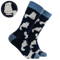 Socktopus Fluffy White Cats combed cotton socks with raised fluffy white cats on a navy background and pale blue contrast cuffs, heels and toes.