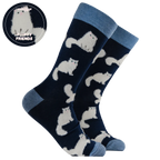 Socktopus Fluffy White Cats combed cotton socks with raised fluffy white cats on a navy background and pale blue contrast cuffs, heels and toes.